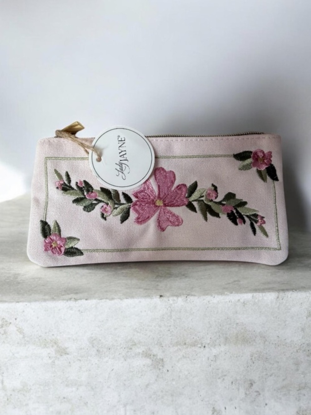 Pink Floral Embroidered Women's pouch 8”x4”